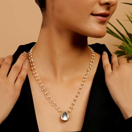 Pearl Double Strand Necklace with Clear Teardrop Pendant
